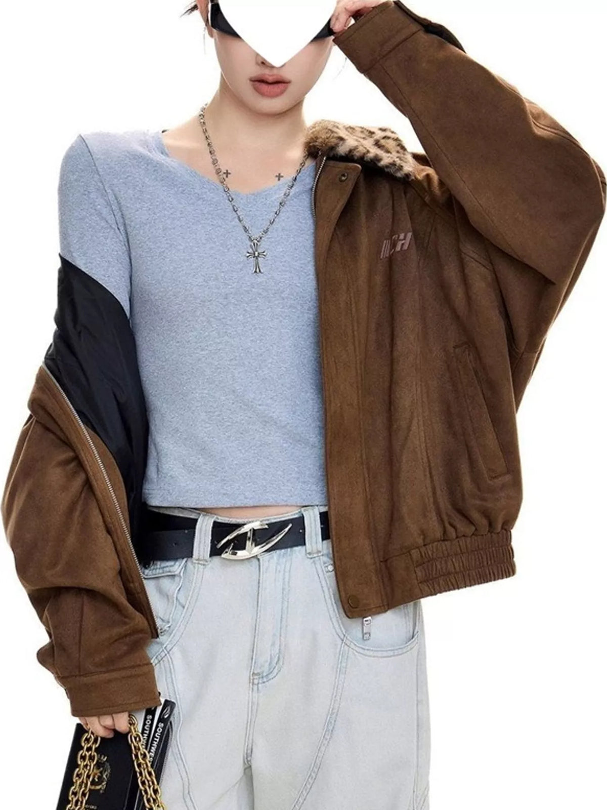 Brown faux fur collar zip up jacket, front view