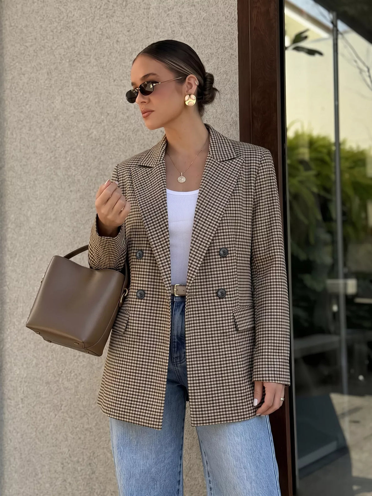 Brown plaid double-breasted blazer, buttoned front view