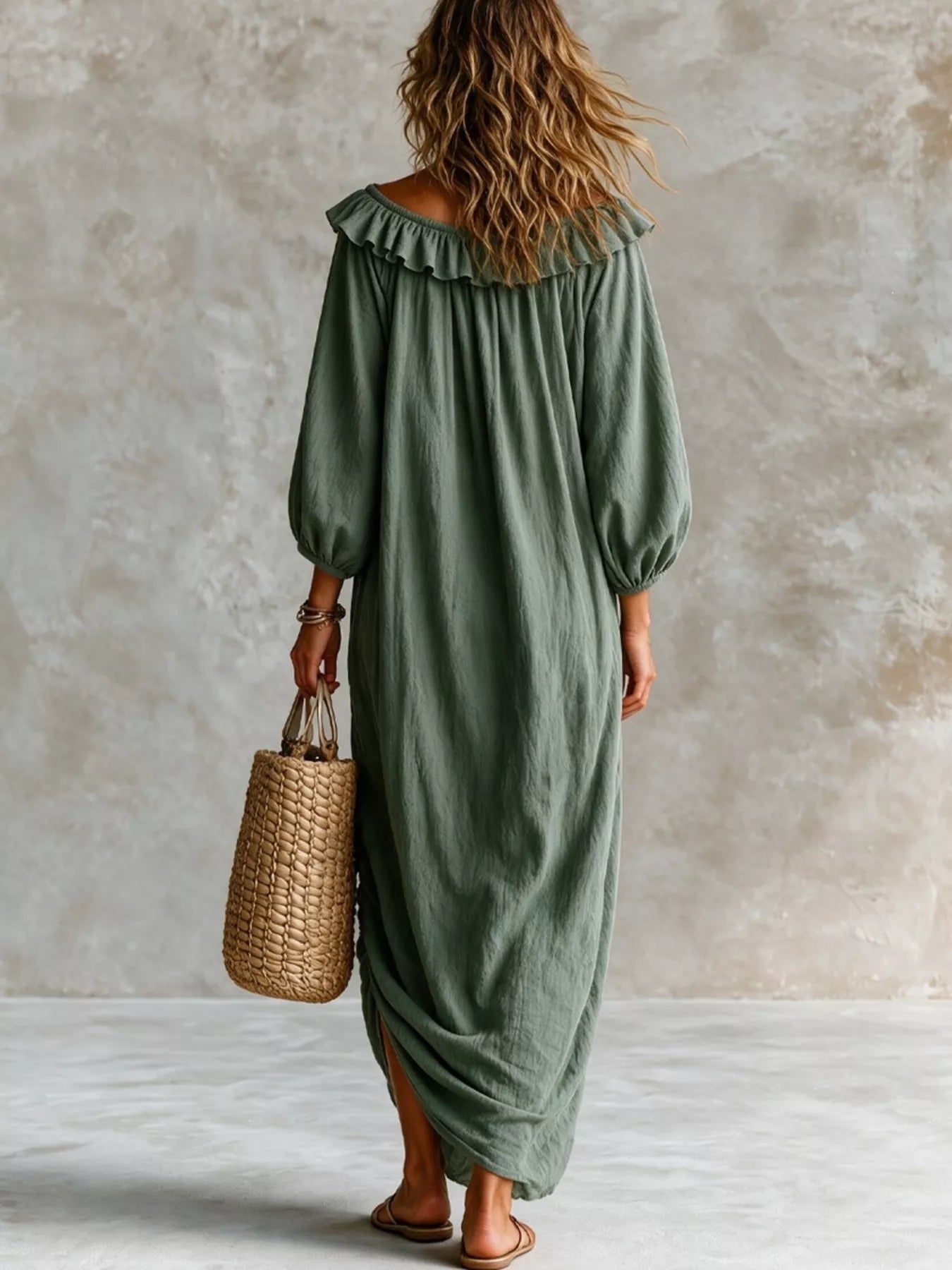Trendsi Ruffled Boat Neck Ruched Midi Dress -
