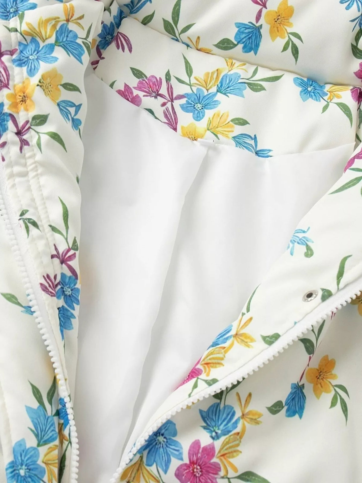 Floral Print Stand Collar Puffer Jacket, lining detail