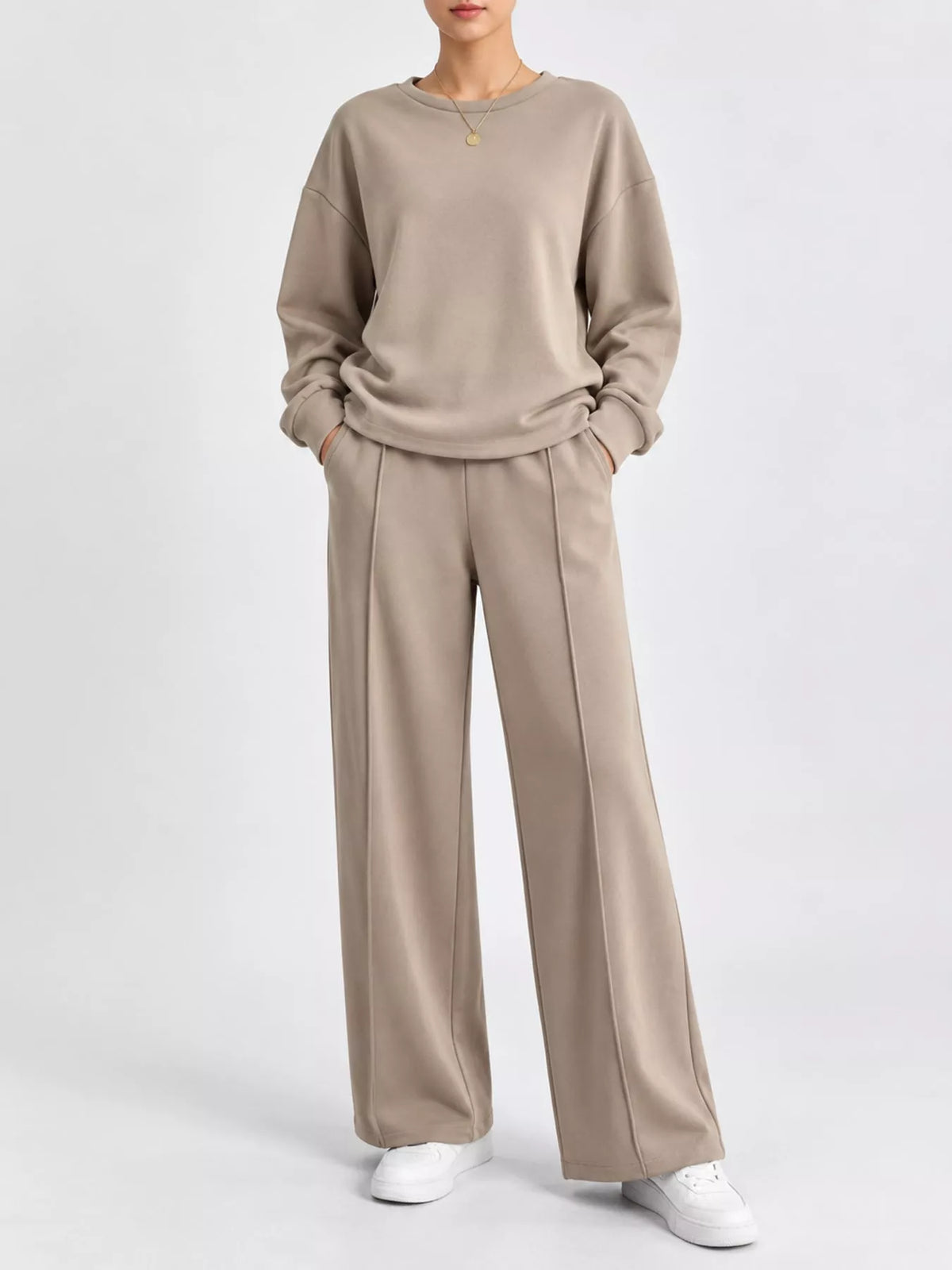 Taupe oversized sweatshirt and wide-leg pants set — front view