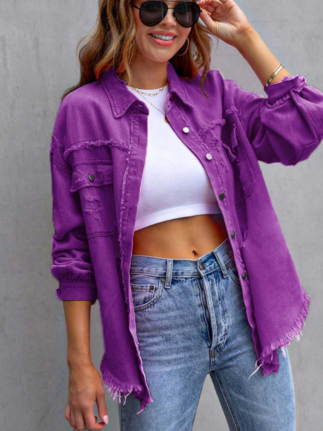 Trendsi Distressed Drop Shoulder Denim Jacket -