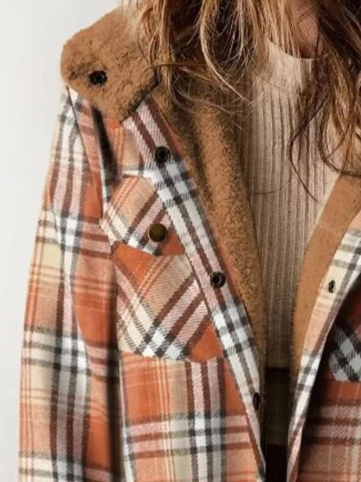 Orange Grid sherpa-lined plaid hooded jacket