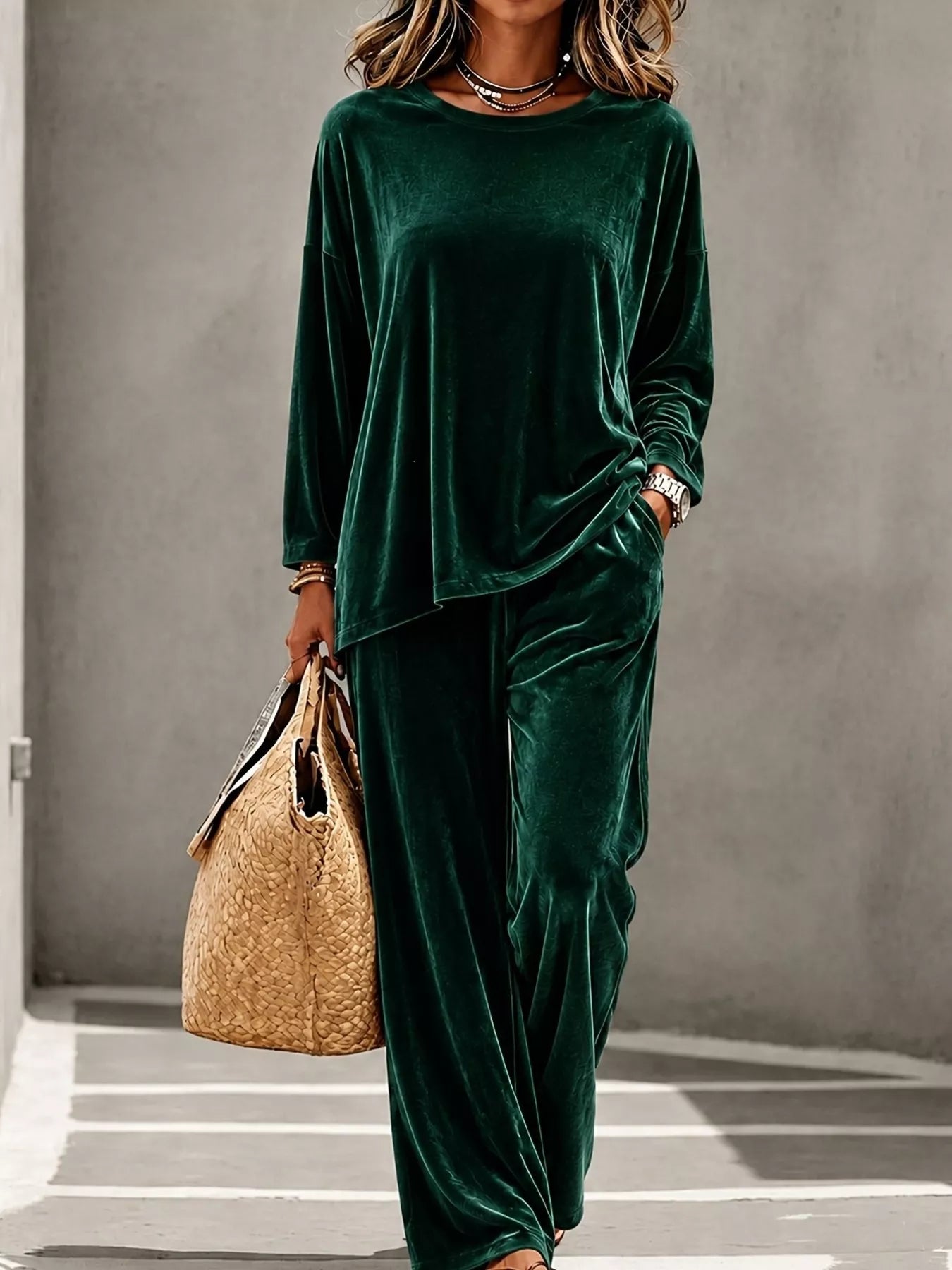 Trendsi Full Size Velvet Long Sleeve Top and Pants Set Plus Size -