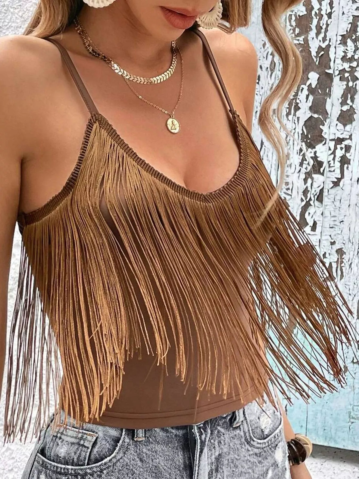 Brown fringe-trim spaghetti strap cami