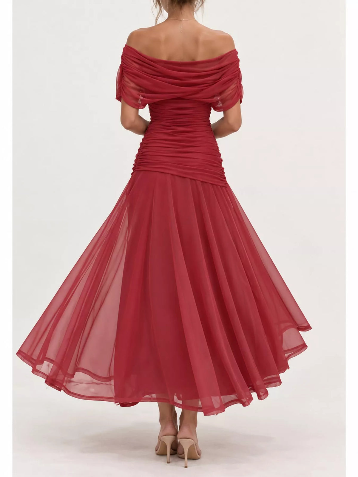 Burgundy off shoulder ruched tulle evening dress, back view