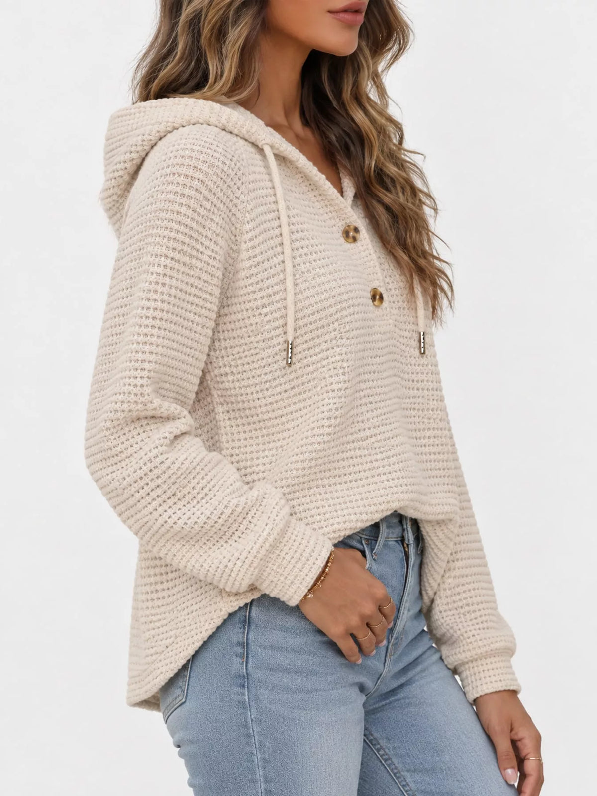 Beige waffle knit button-detail hoodie, side view