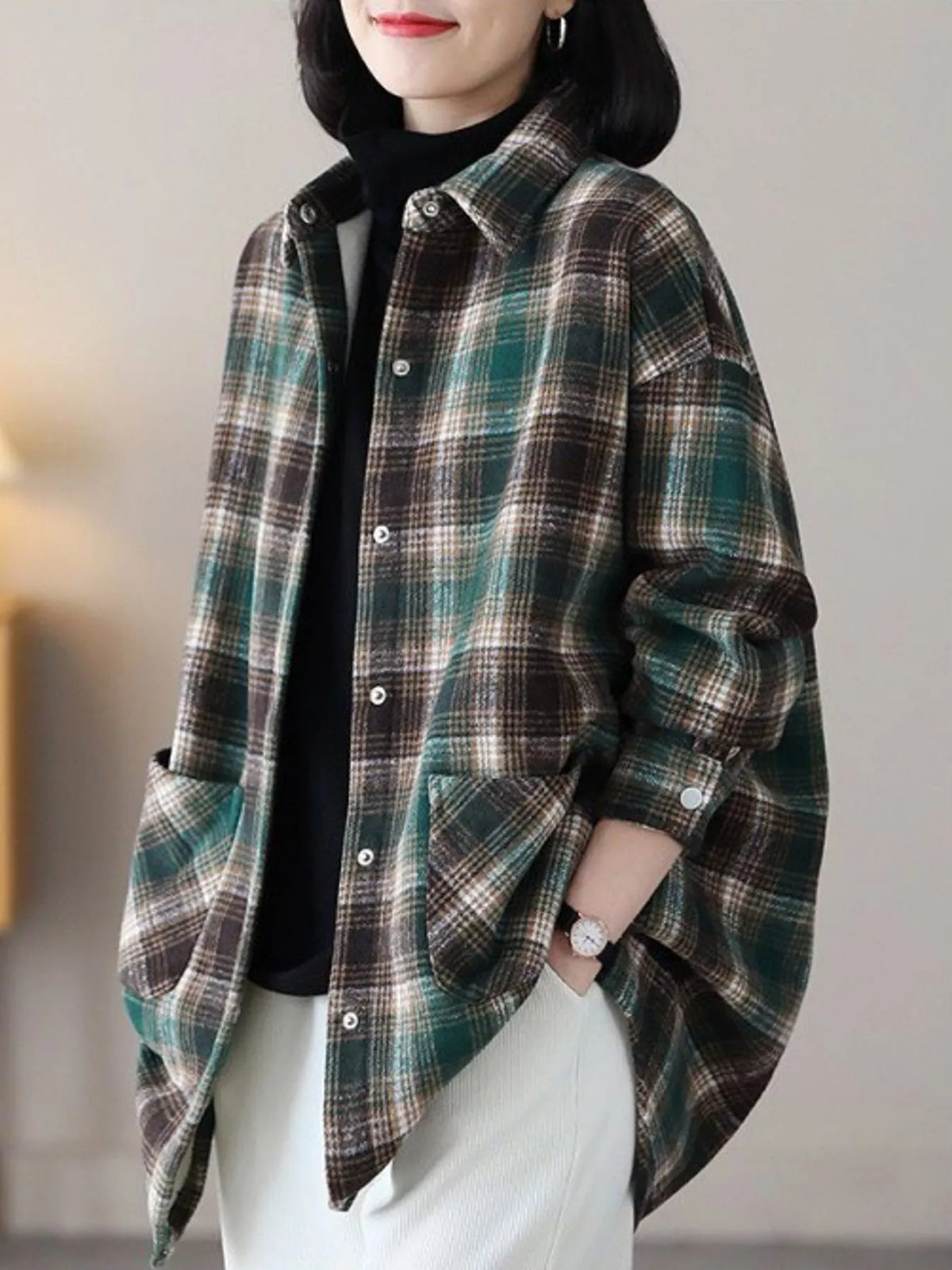 Green oversized plaid fleece-lined brushed shirt