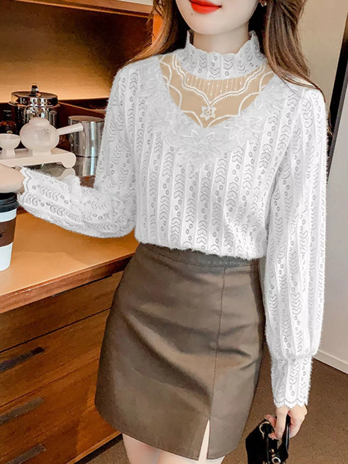 White-Double Layer Lined Opaque mock neck sheer floral lace blouse