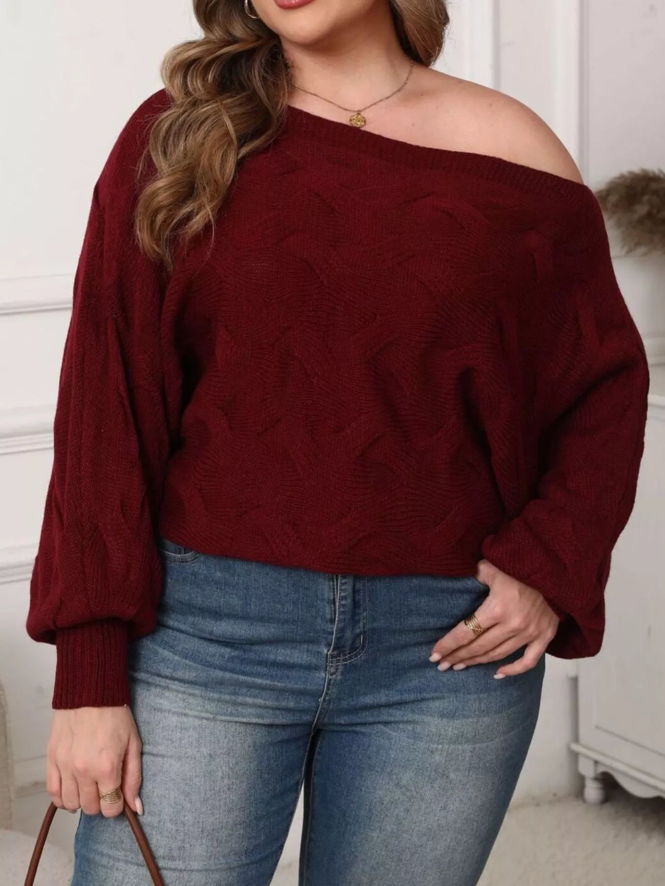 Trendsi Plus Size Off-Shoulder Long Sleeve Sweater -