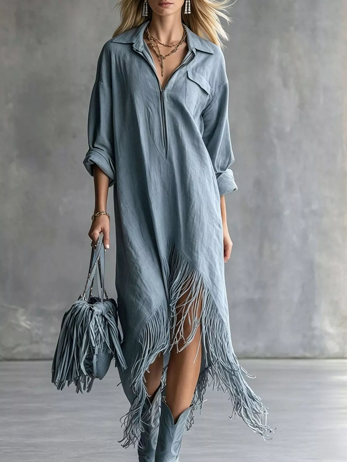Zipper-Front Fringe Hem Midi Dress in blue, front view
