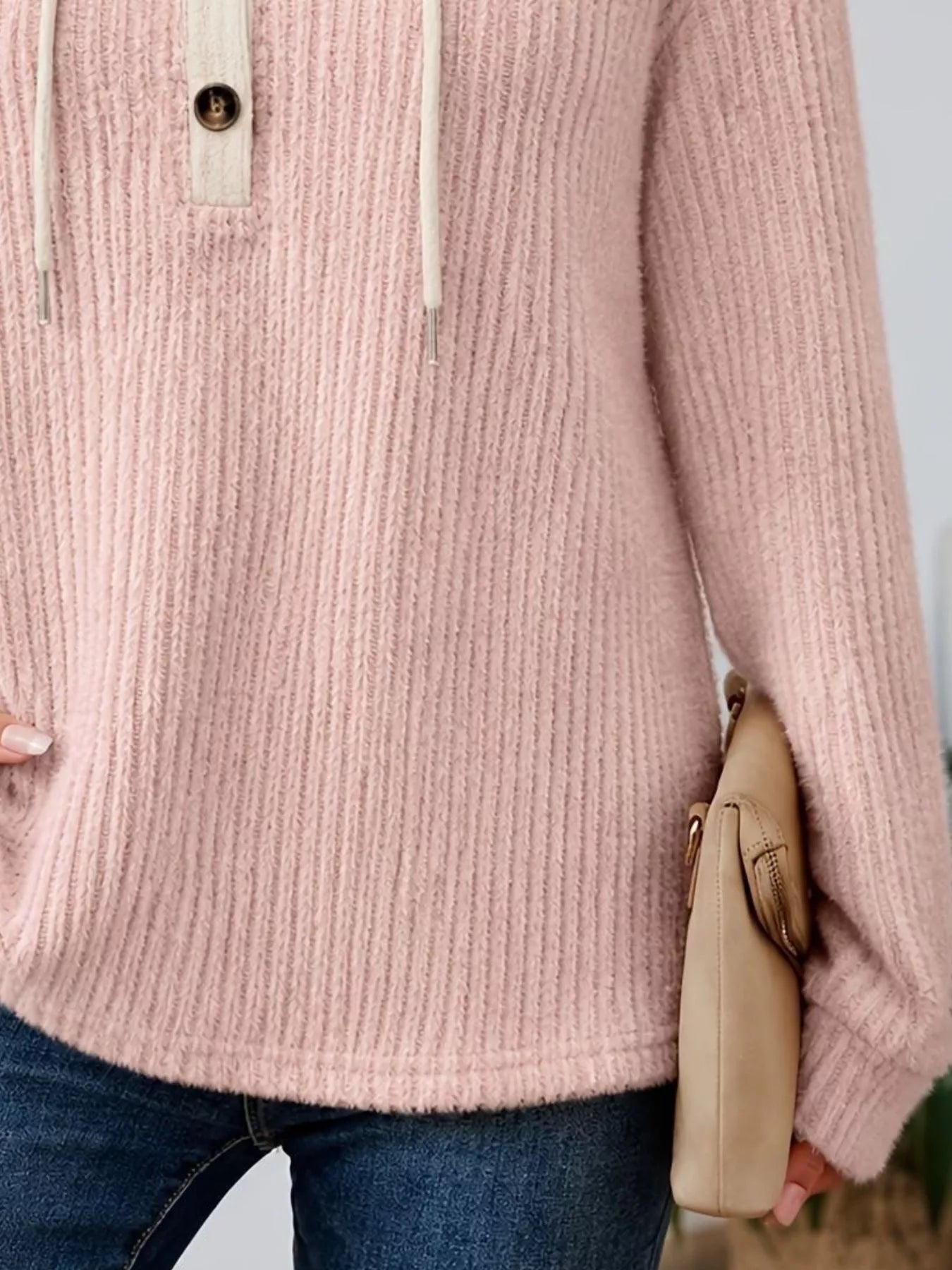 Trendsi Full Size Drawstring Button Detail Hooded Sweater Plus Size -
