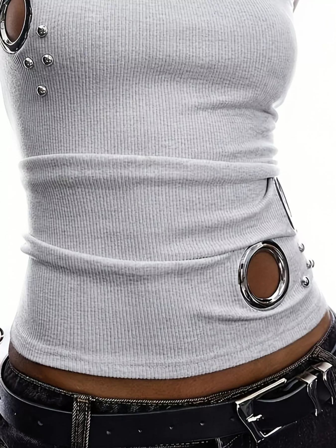 Trendsi Ribbed Tank Top with Metal Grommet Cutouts and Stud Embellishments -