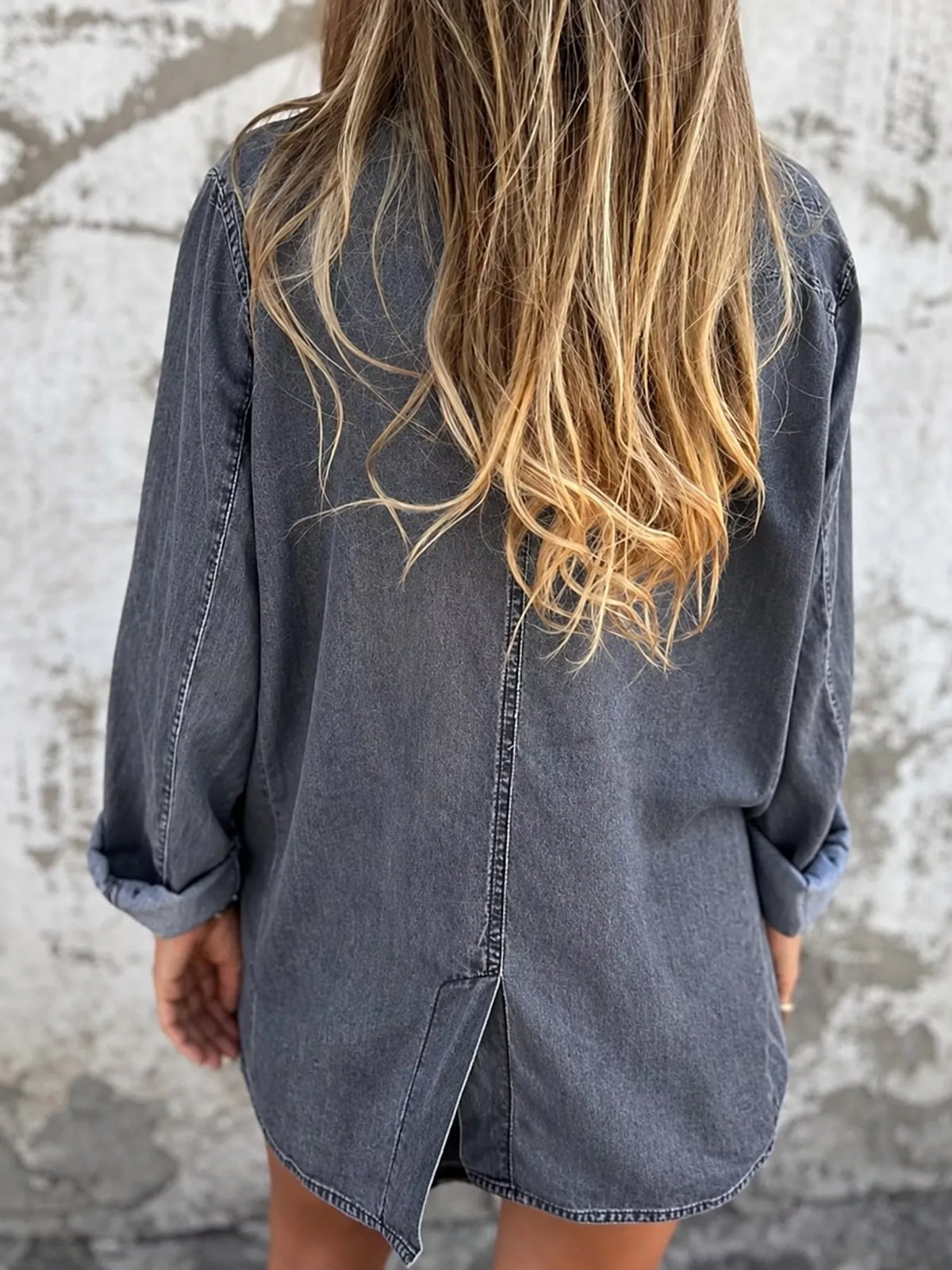 Lapel Collar Long Sleeve Denim Blazer, back view in gray