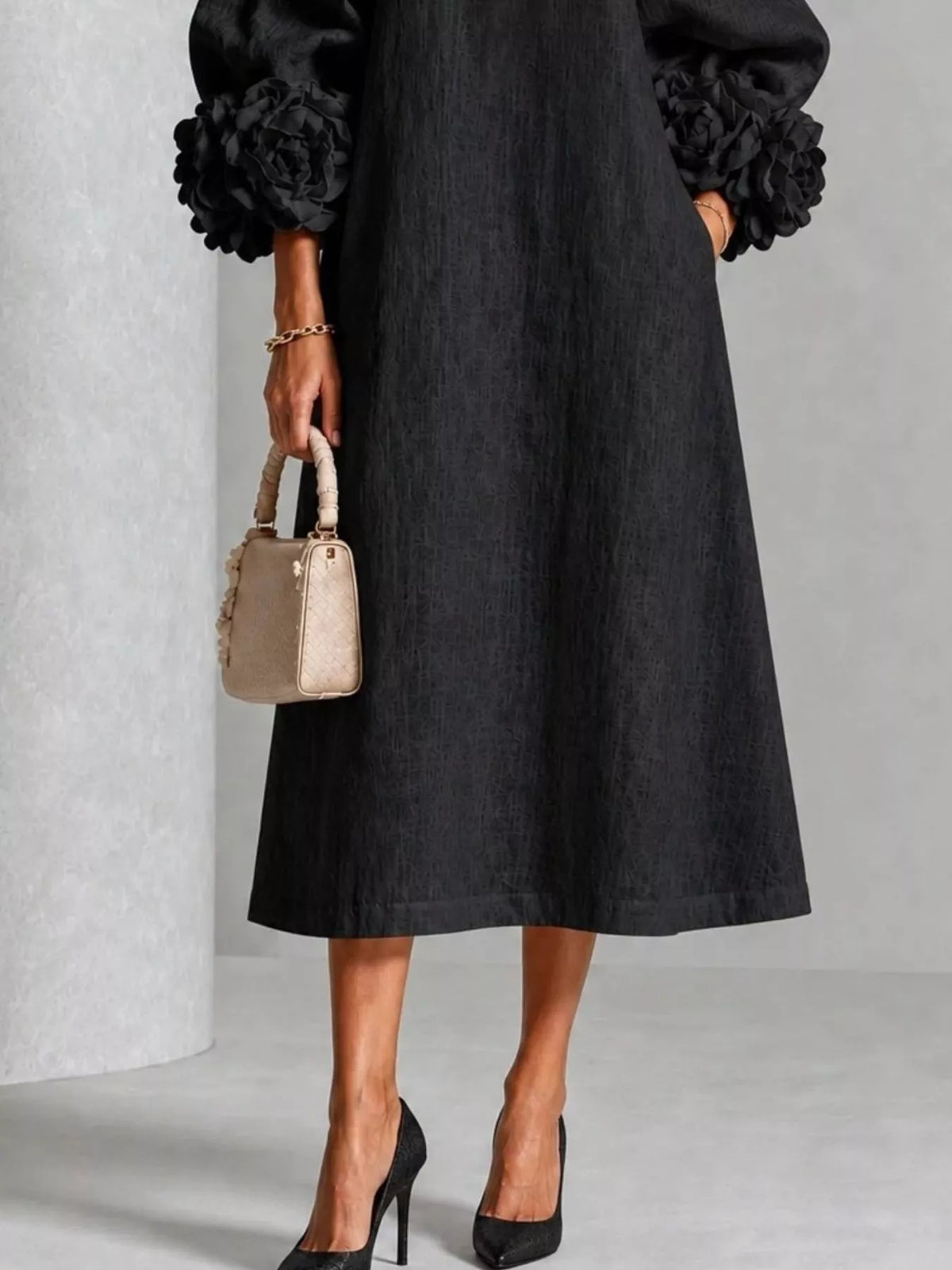 Trendsi 3D Floral Round Neck Midi Dress -