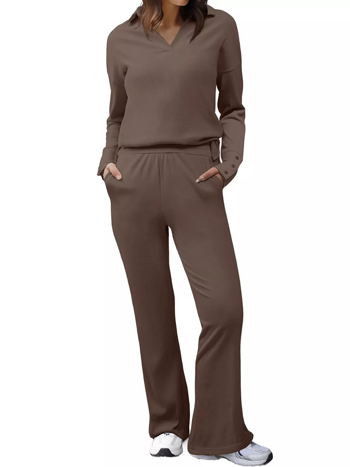 Long Sleeve Polo Collar Top and Pants Set — front view