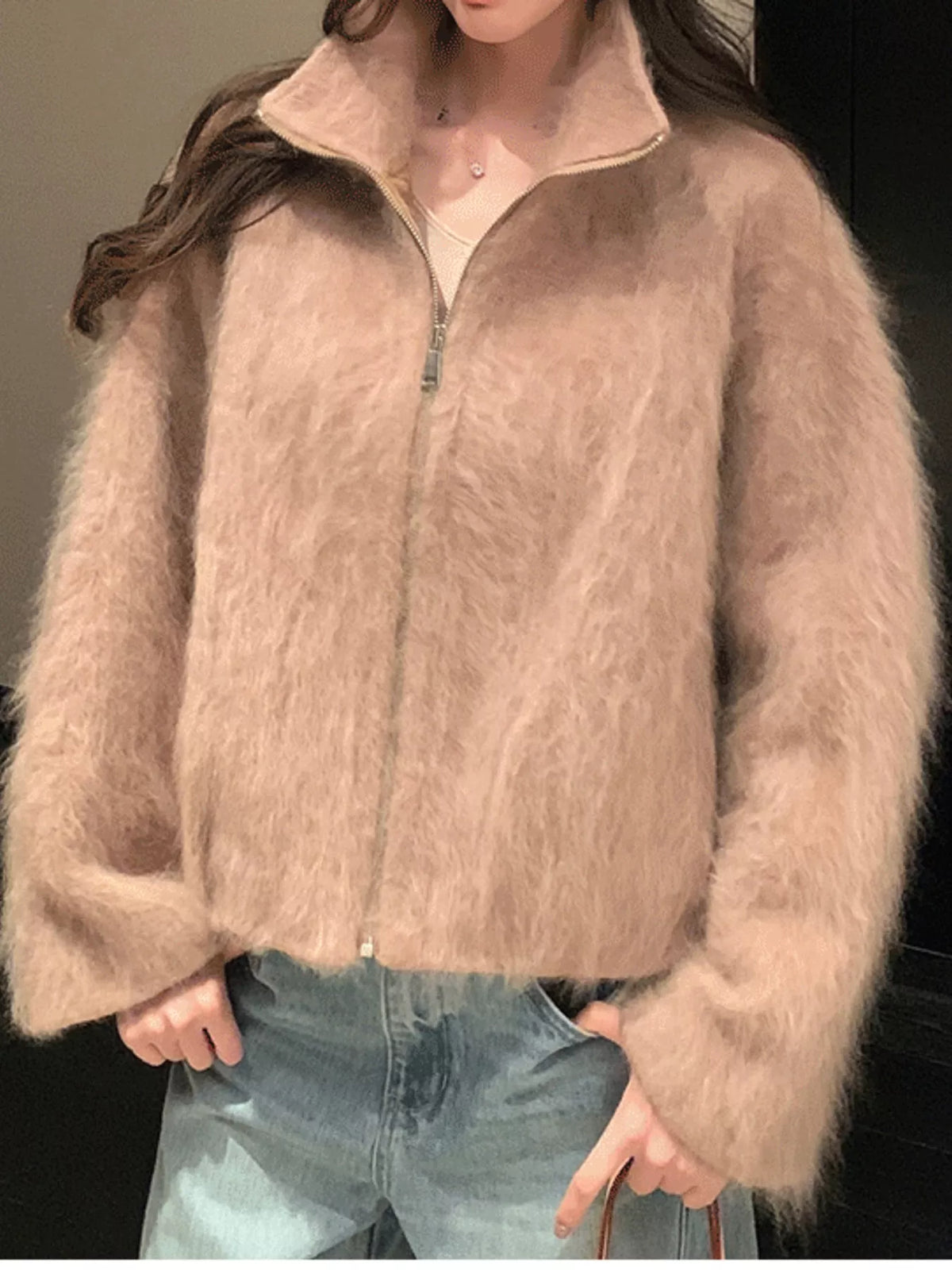 Fuzzy Zip-Up Stand Collar Jacket in tan