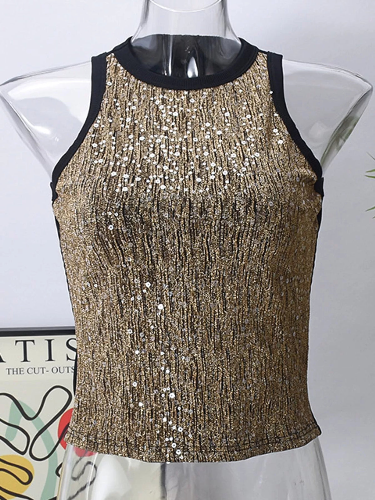 Gold sequin round neck tank