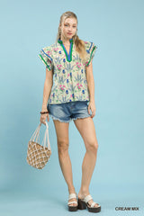 Trendsi Umgee Mix Floral Print Blouse with Contrast Trim -