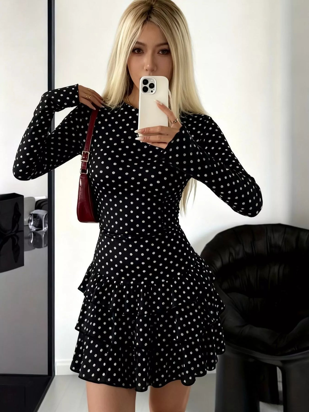 Round neck long sleeve mini dress, front view on model