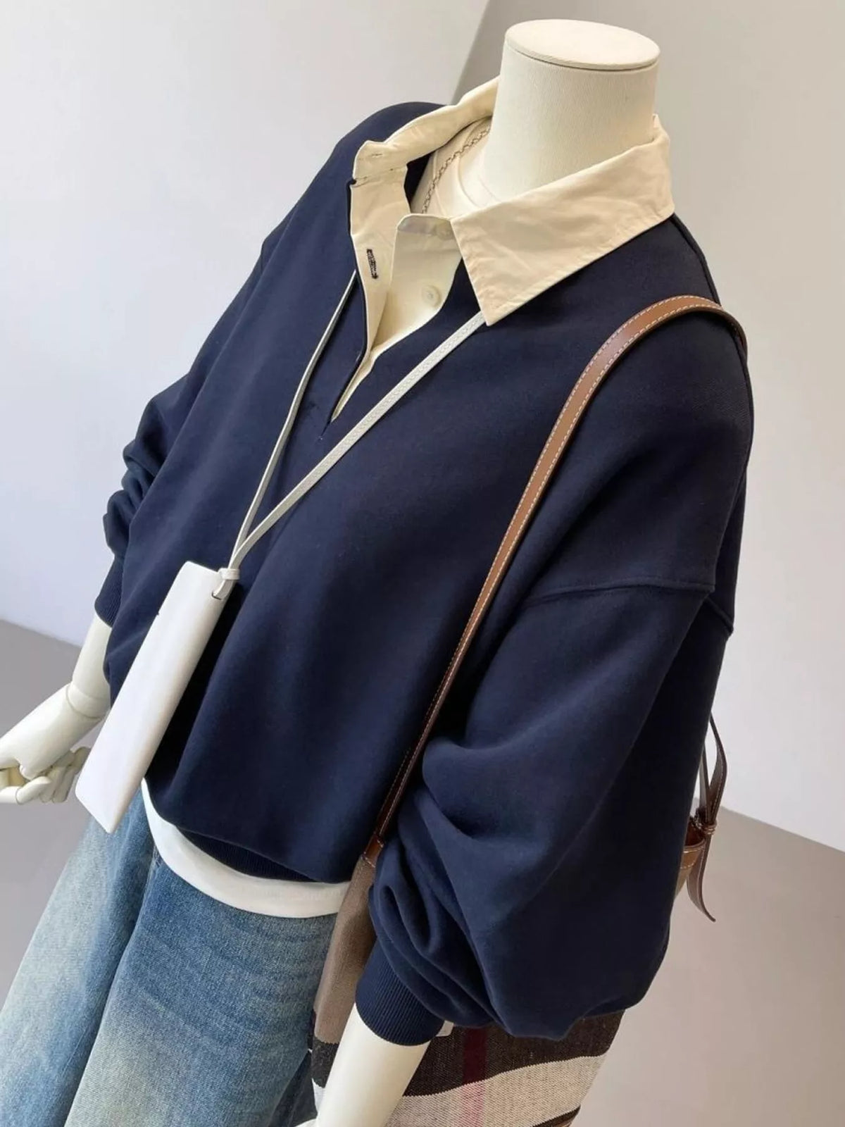 Navy polo-collar layered-look sweatshirt