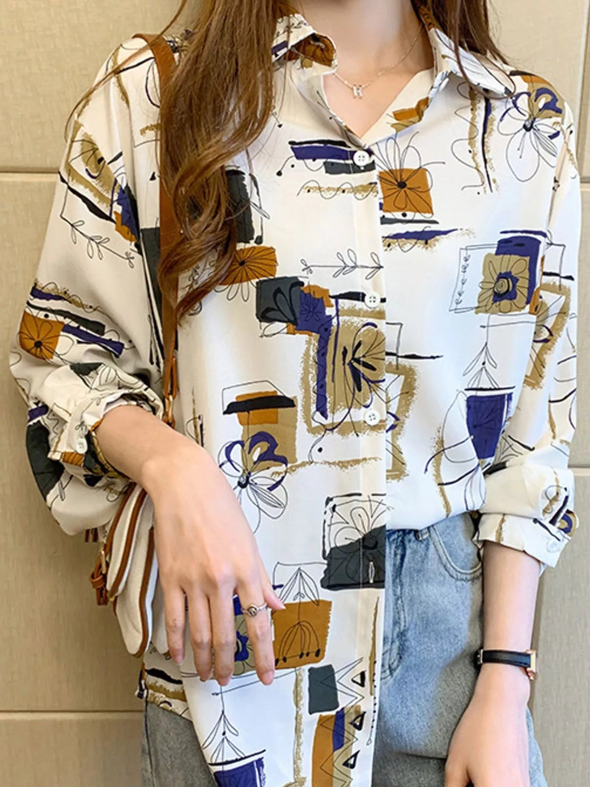 Printed Long Sleeve Button-Down Shirt in apricot