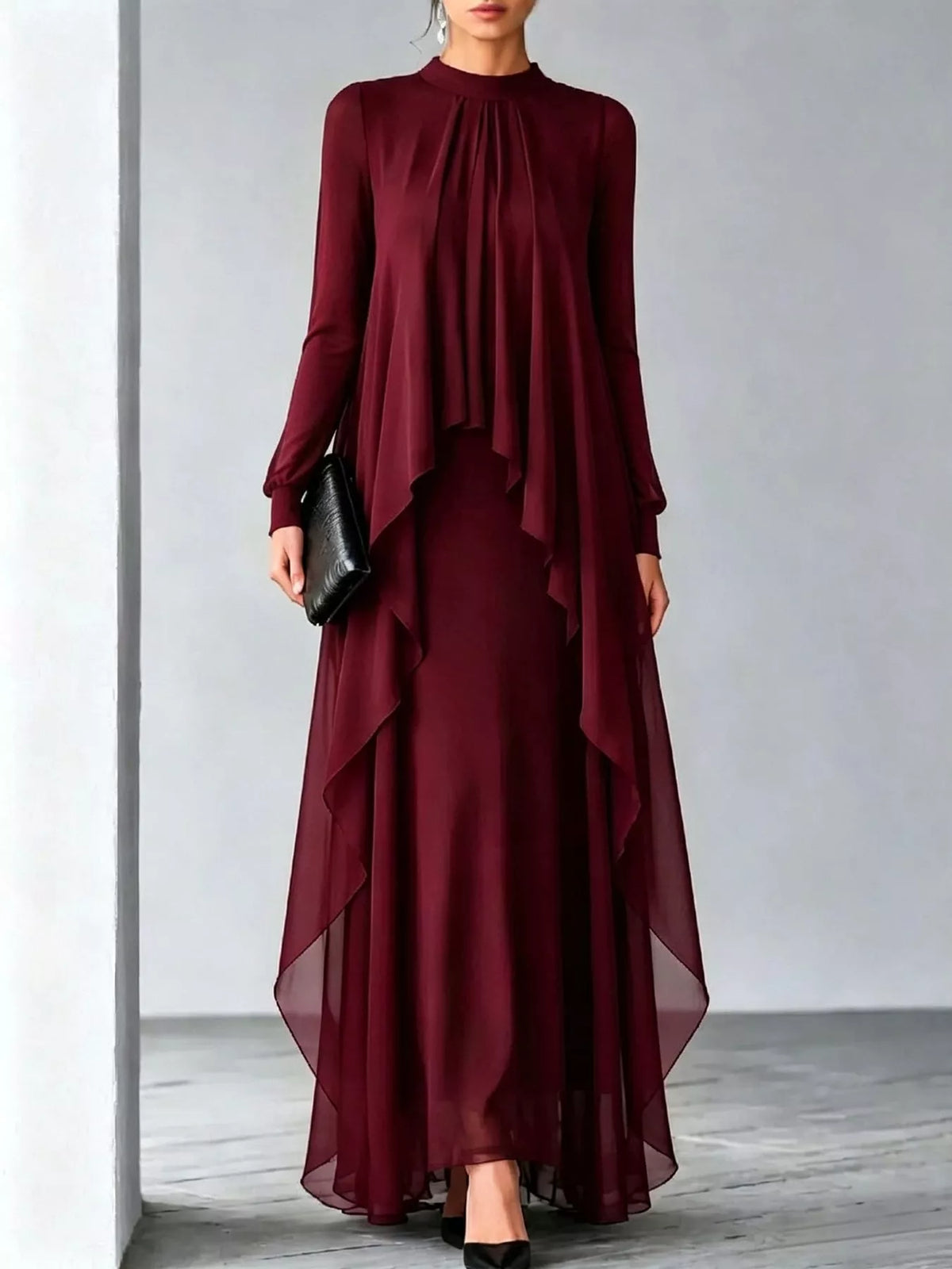 Sheer Sleeve Chiffon Layered Maxi Dress in burgundy