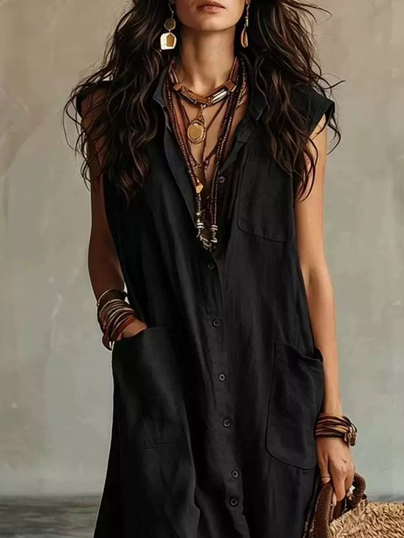 Trendsi Sleeveless Button-Down Linen Maxi Dress -