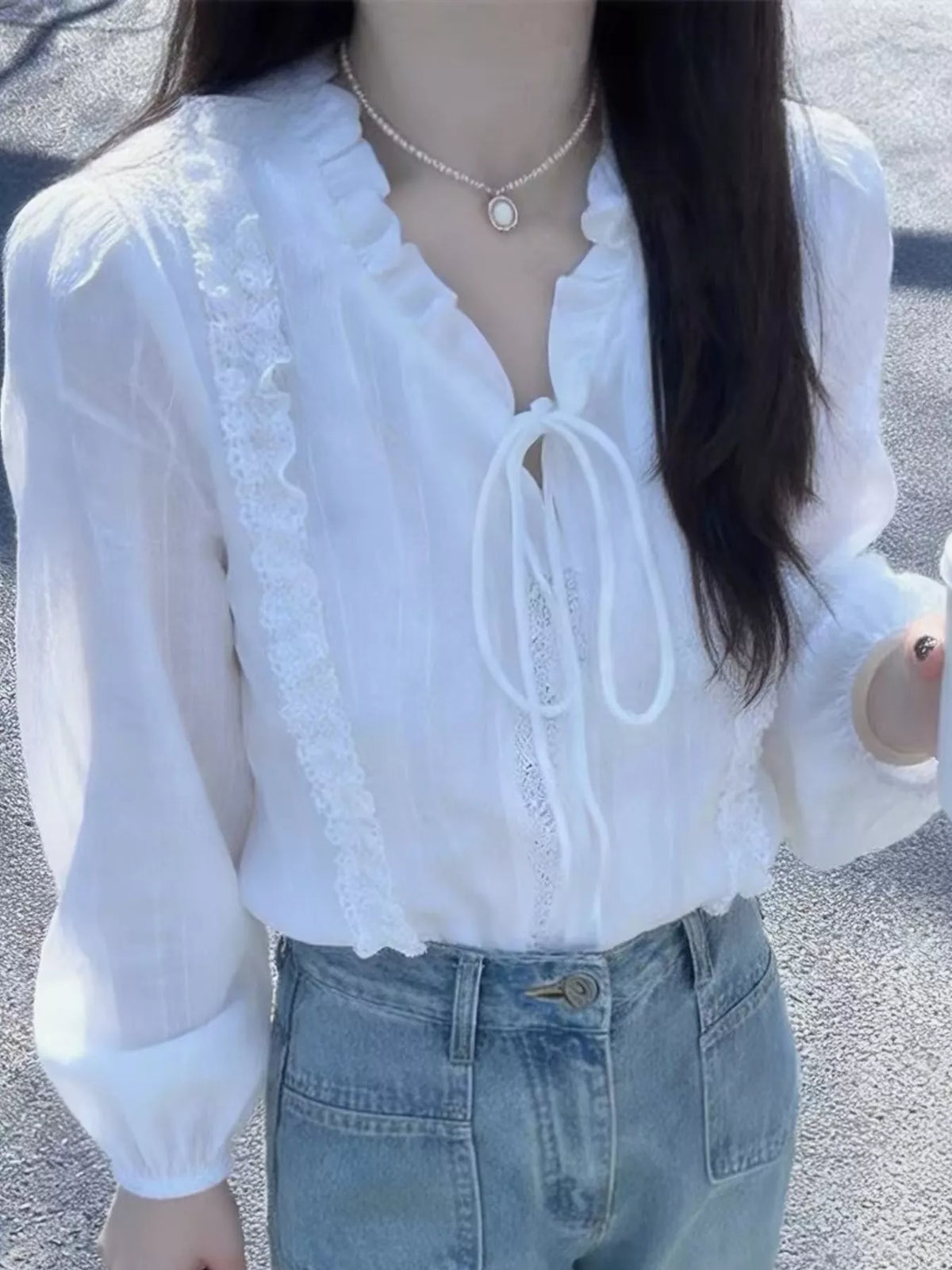 White - Lined lace-trimmed ruffle tie-neck blouse