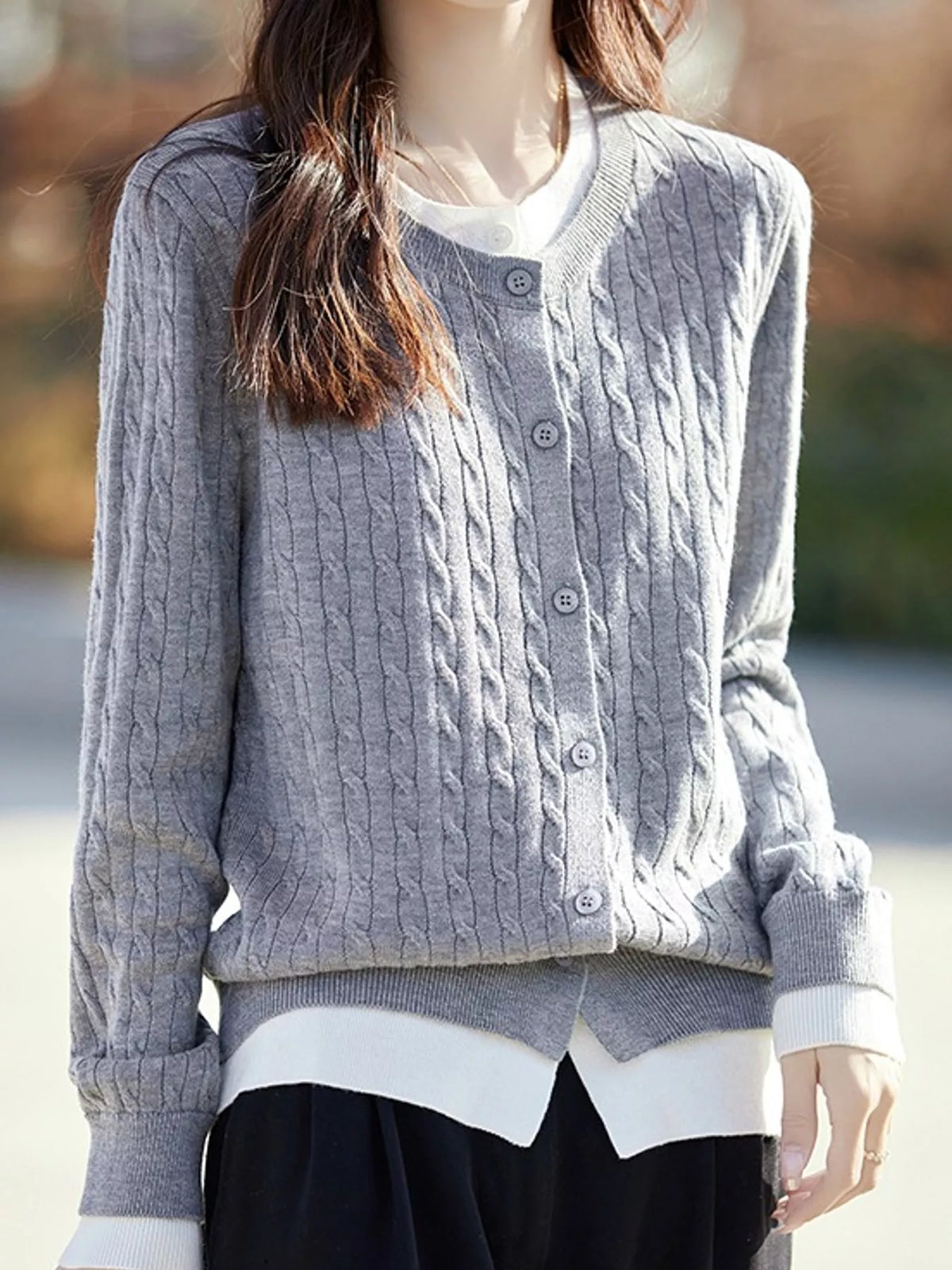 Gray cable-knit button-down cardigan
