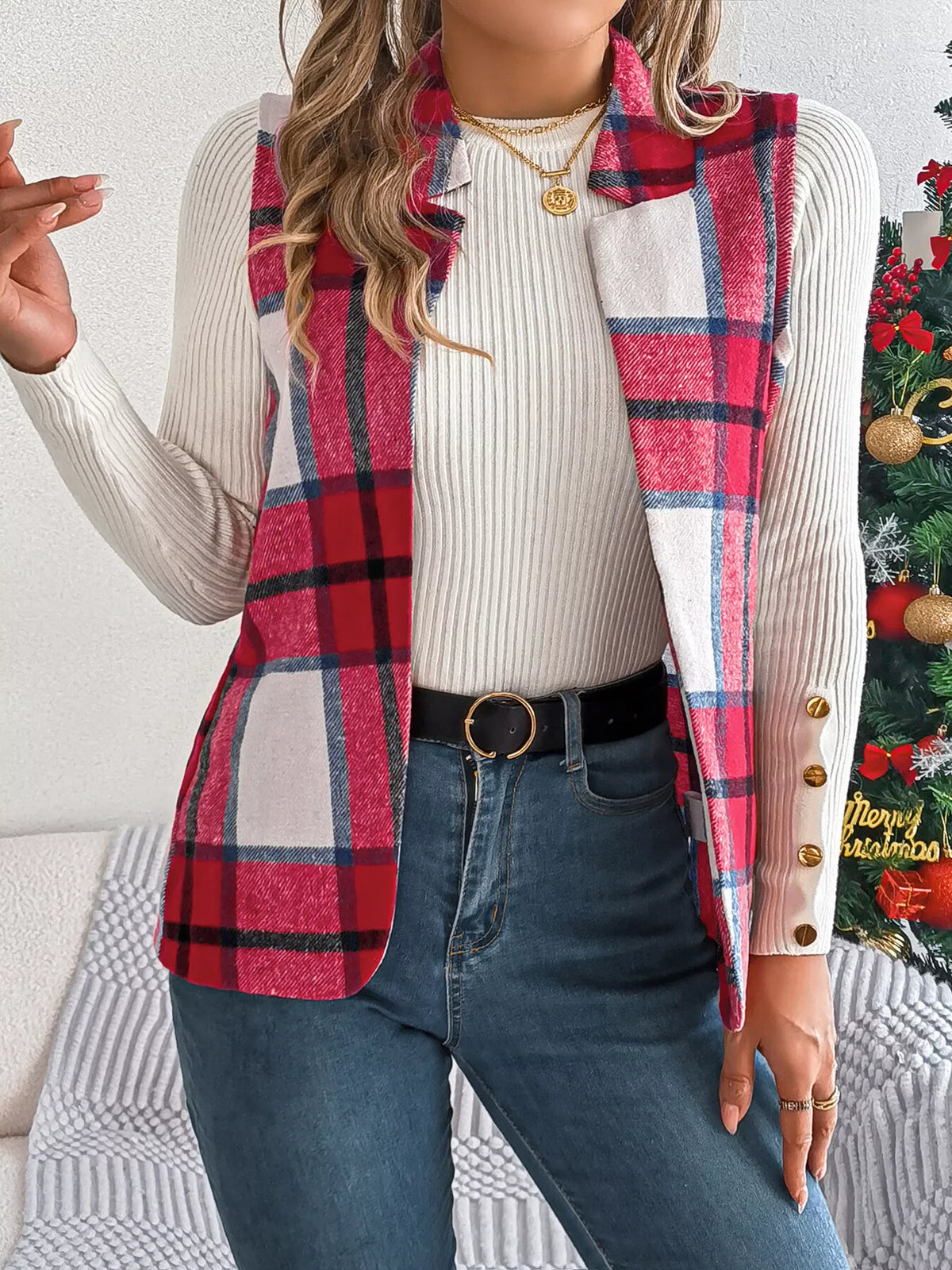 Red plaid open front vest
