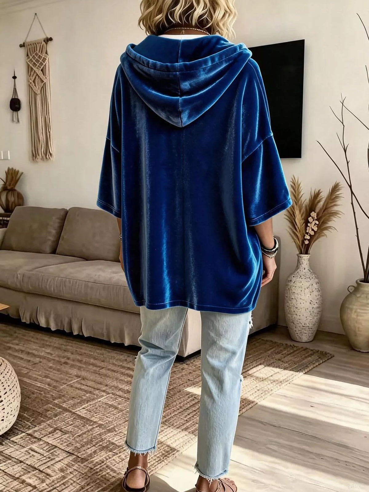 Trendsi Full Size Velvet Button Detail Drawstring Hoodie Plus Size -