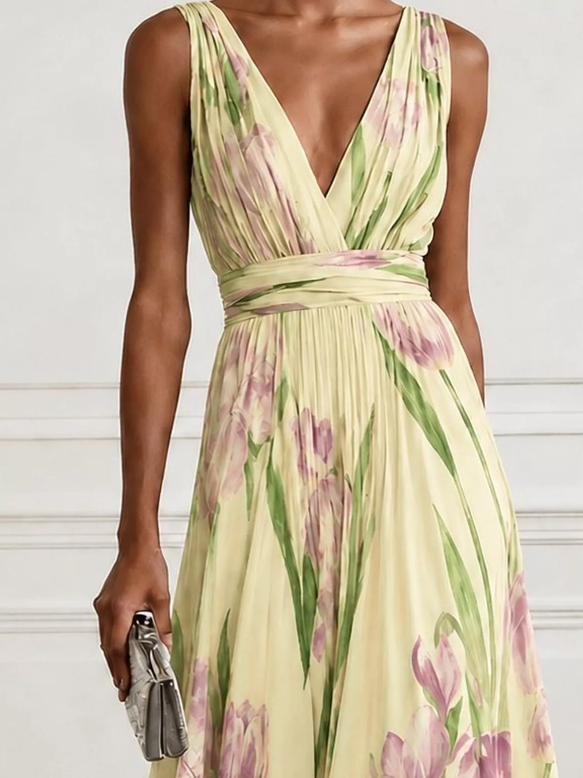 Women's Sleeveless Floral Print Maxi Dress in yellow floral — bodice detail view