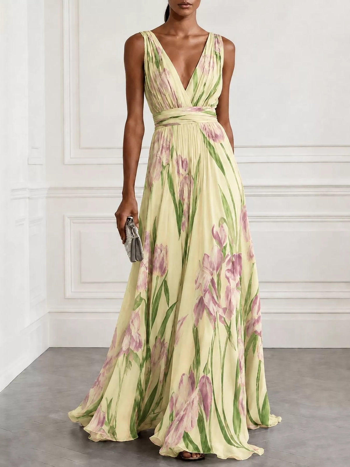 Women's Sleeveless Floral Print Maxi Dress in yellow floral — front view