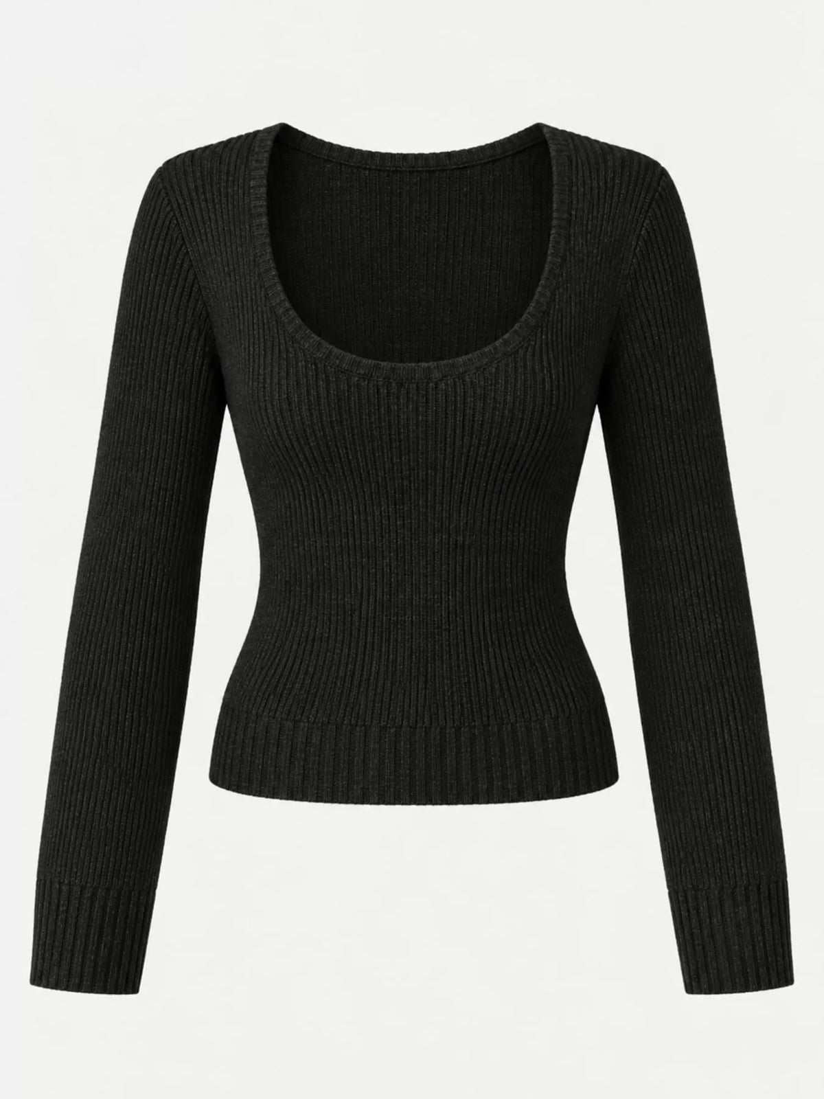 Black scoop neck ribbed knit slim fit sweater, front view