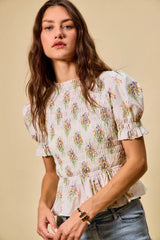 Trendsi SO ME Floral Cotton Smocked Short Sleeves Blouse -
