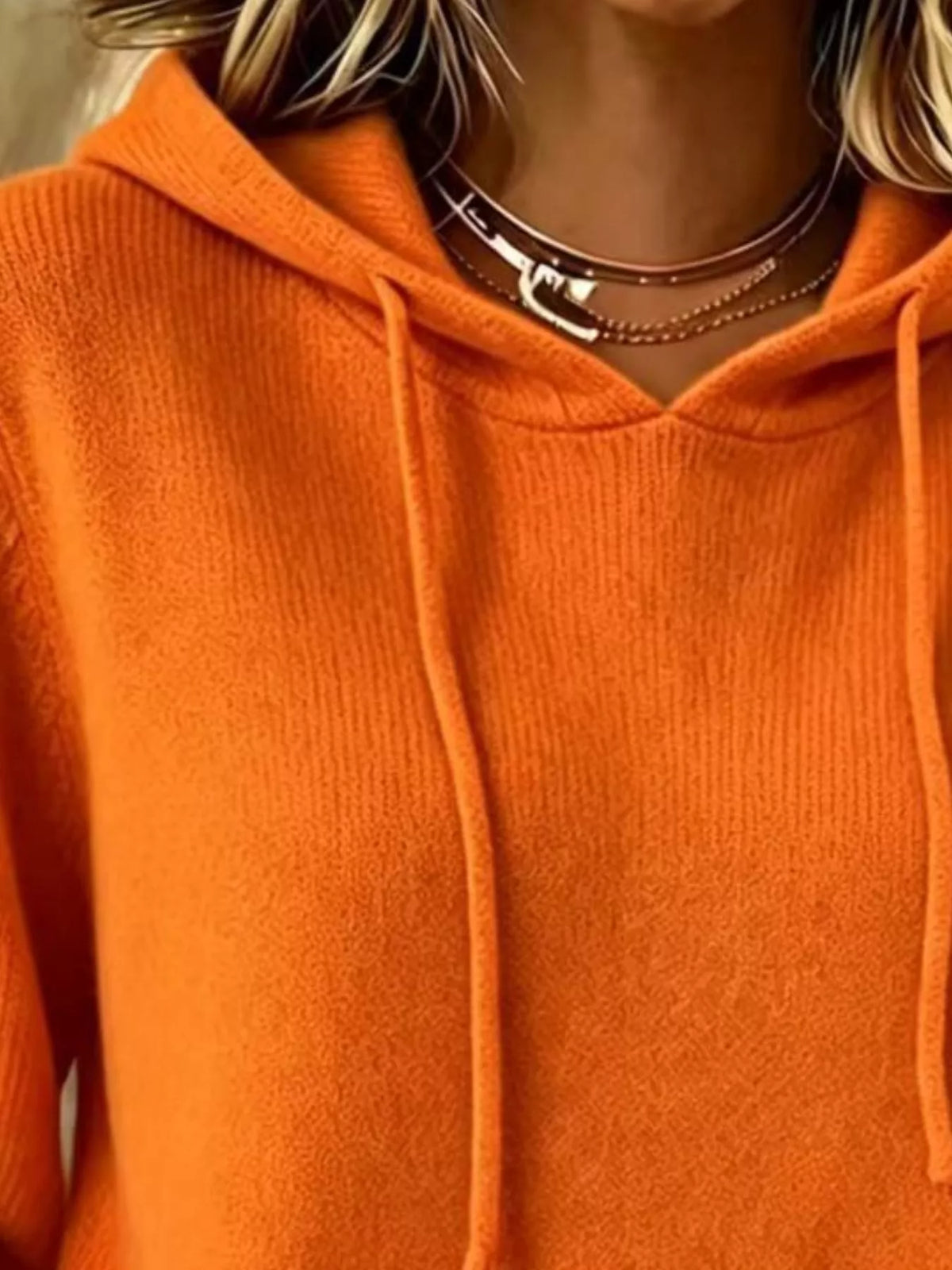 Women's Drawstring Kangaroo Pocket Hooded Sweater in orange — neckline detail view