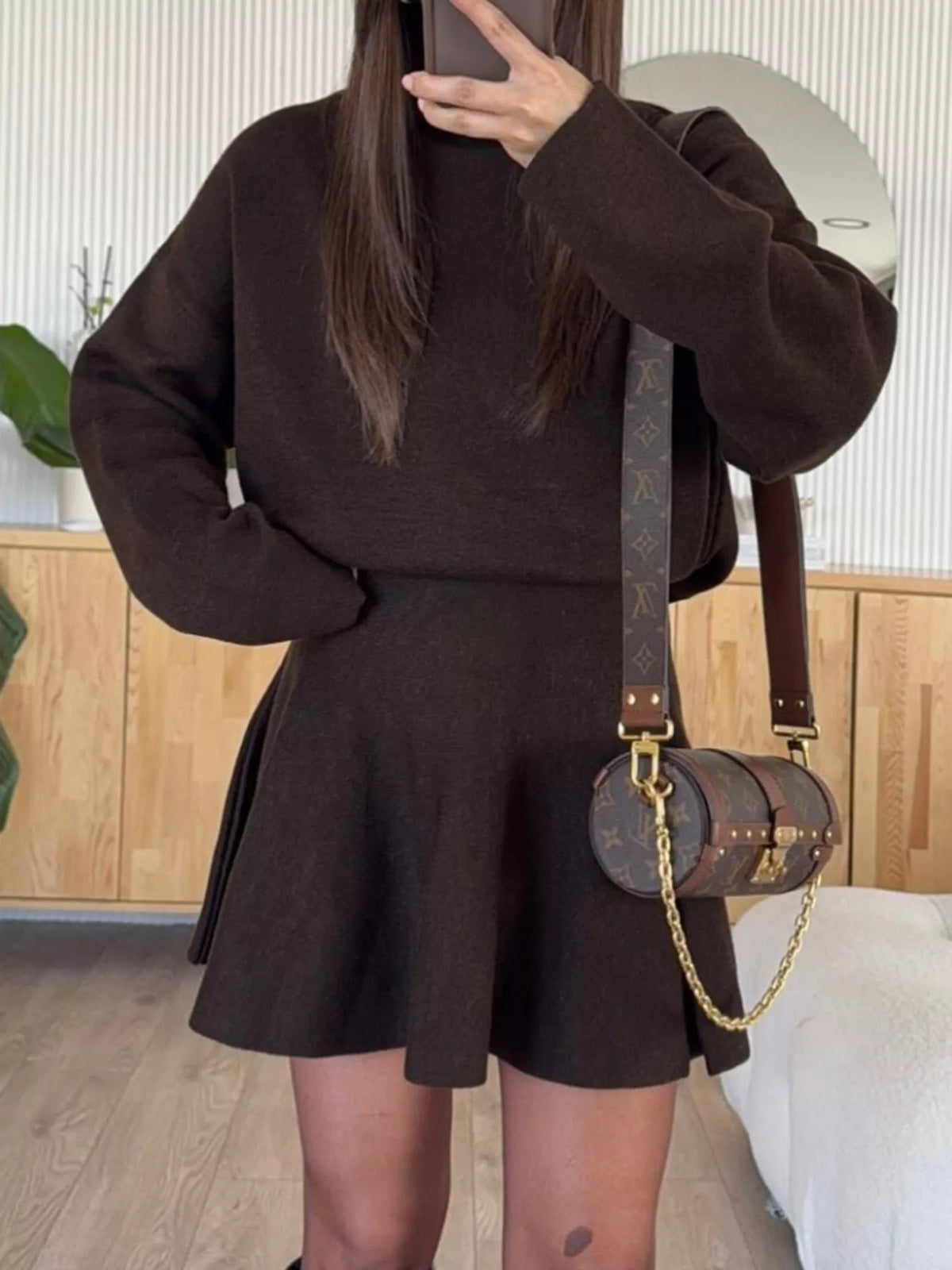 Brown mock neck knit top and flared skirt set