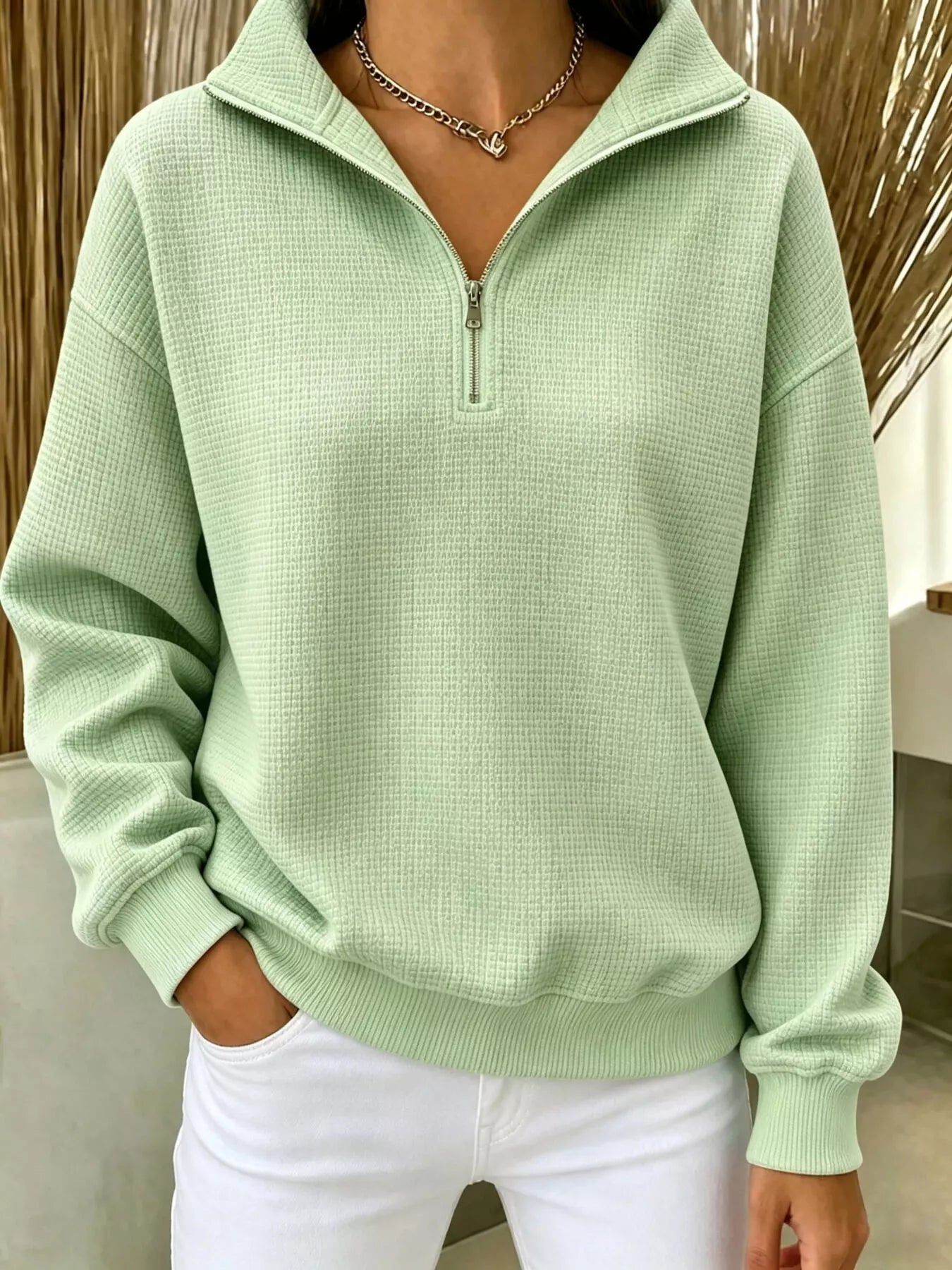 Trendsi Full Size Waffle Knit Quarter-Zip Sweatshirt Plus Size -