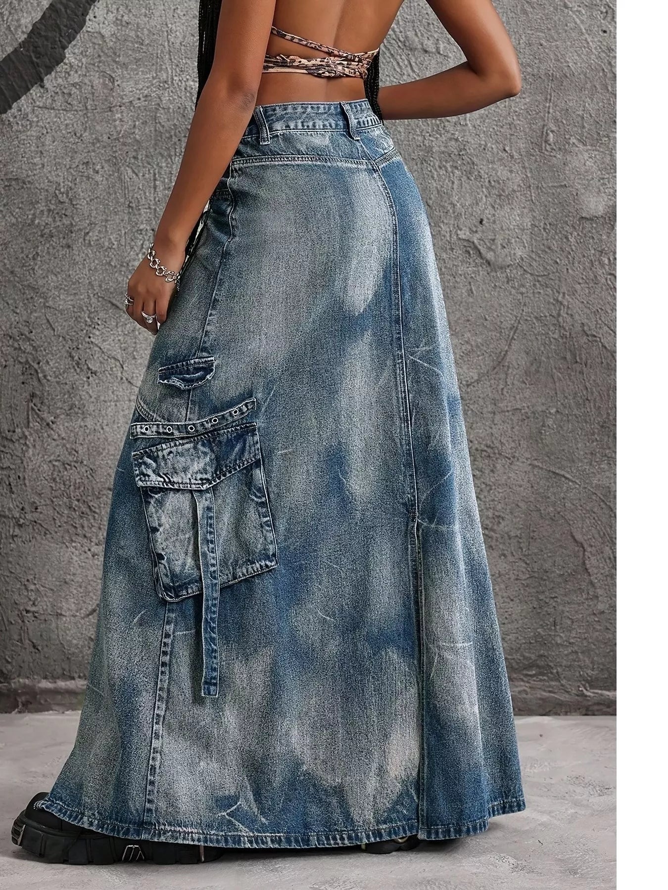 Trendsi High-Waisted Denim Maxi Skirt with Zipper Slit -