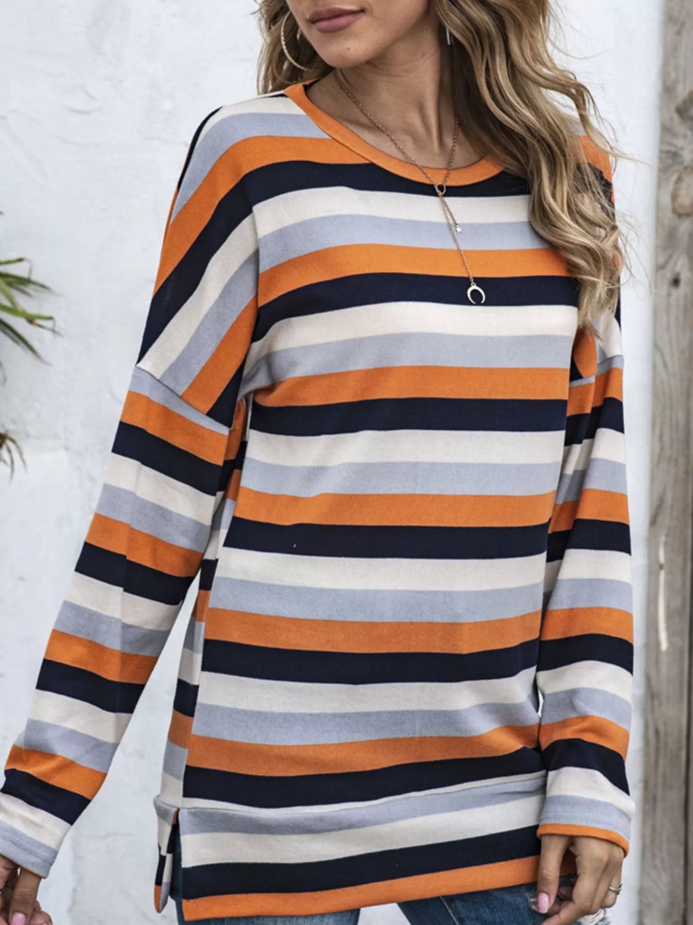 Trendsi Full Size Casual Striped Long Sleeve Crew Neck Top Plus Size -