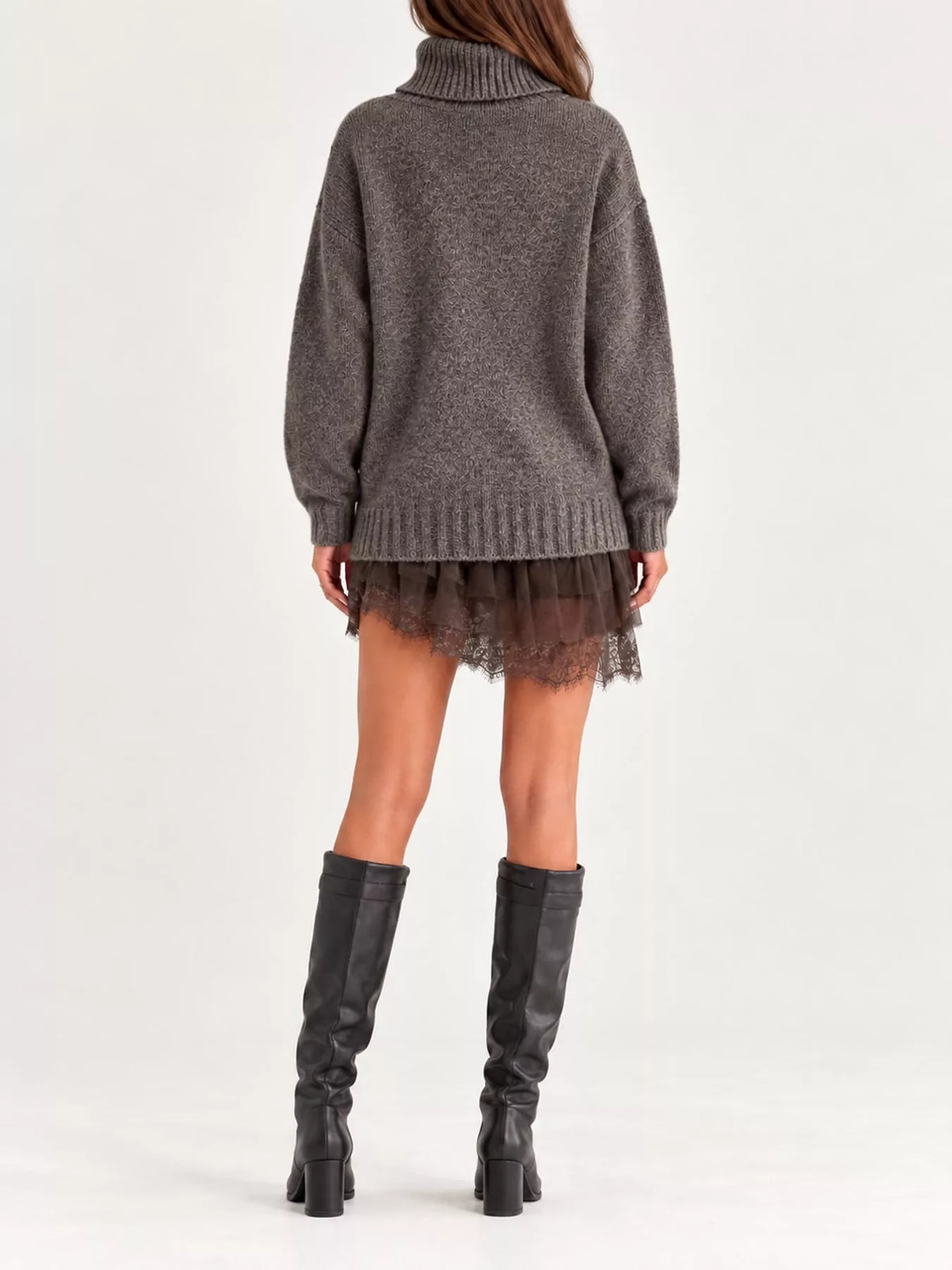 Turtleneck Sweater and Lace Hem Dress Set — back view