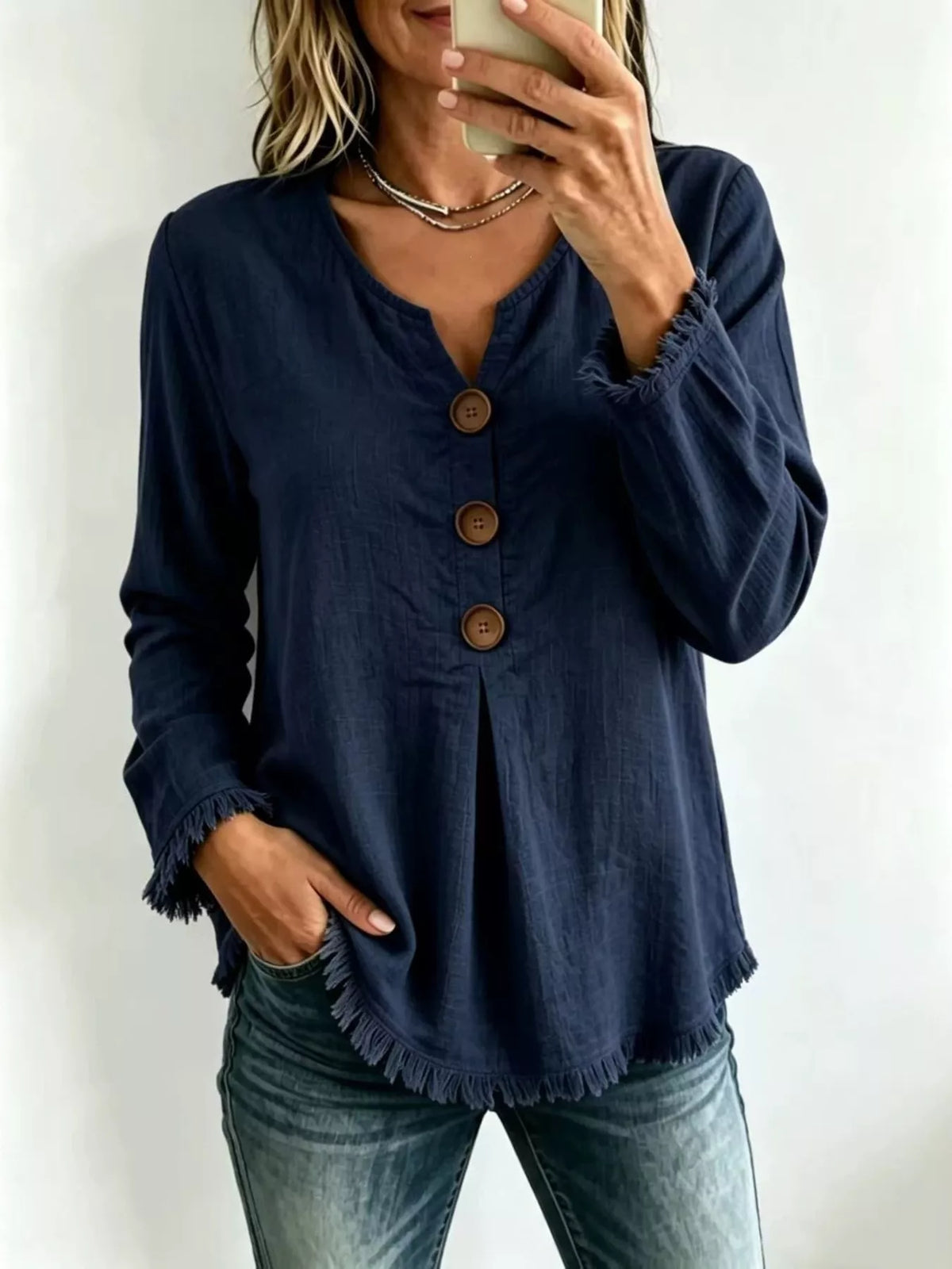 Navy Frayed-Hem Long Sleeve Button-Front Blouse front view