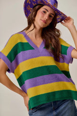 Trendsi SO ME Mardi Gras Loose Fit V Neck Stripe Sweater Top -