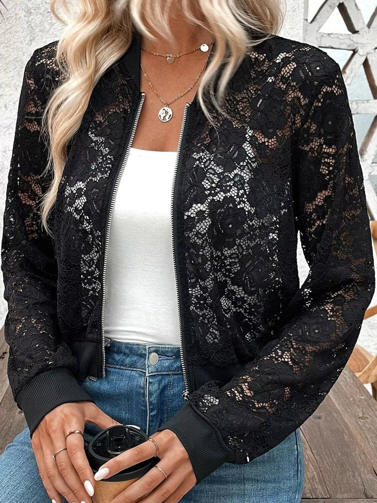 Black sheer lace zip-up jacket