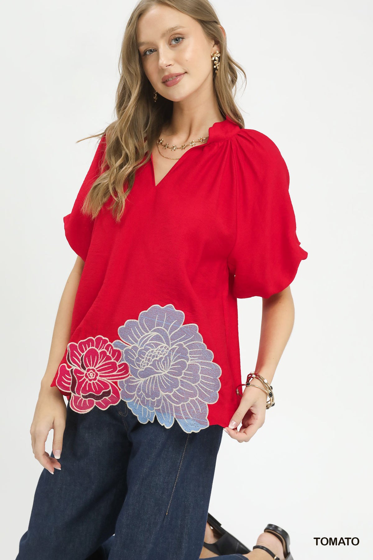 Women's Floral Embroidered Hem Relaxed-Fit Blouse — product view 4