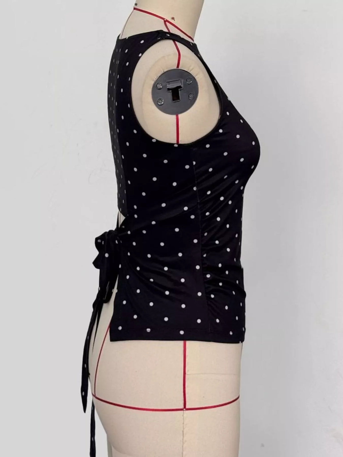 Polka Dot Print Sleeveless Tank Top with Tie Back in black and white