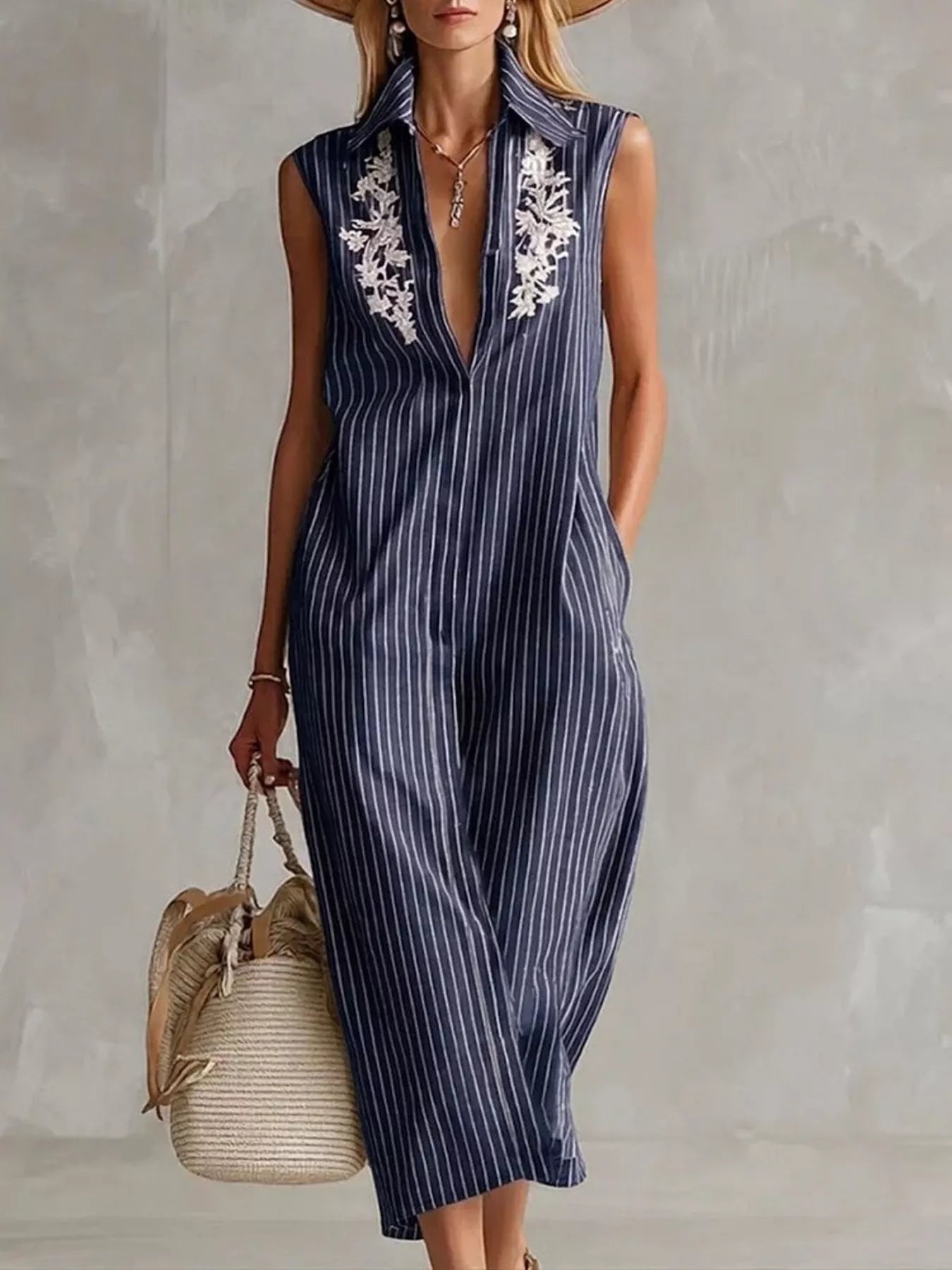 Trendsi Full Size Striped Sleeveless Collared Neck Shirt Dress Plus Size -