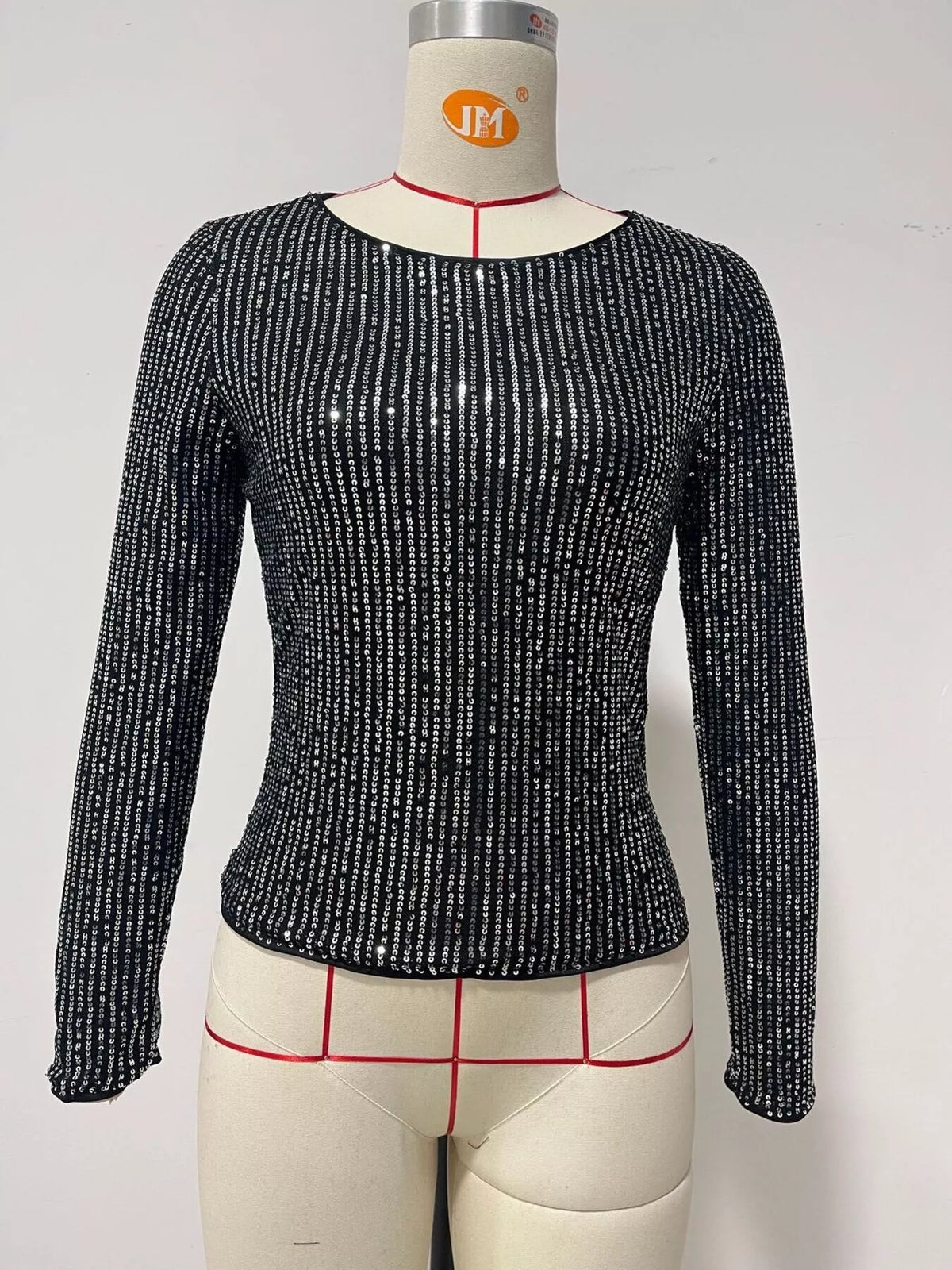 Black sequin long sleeve crop T-shirt, front product view