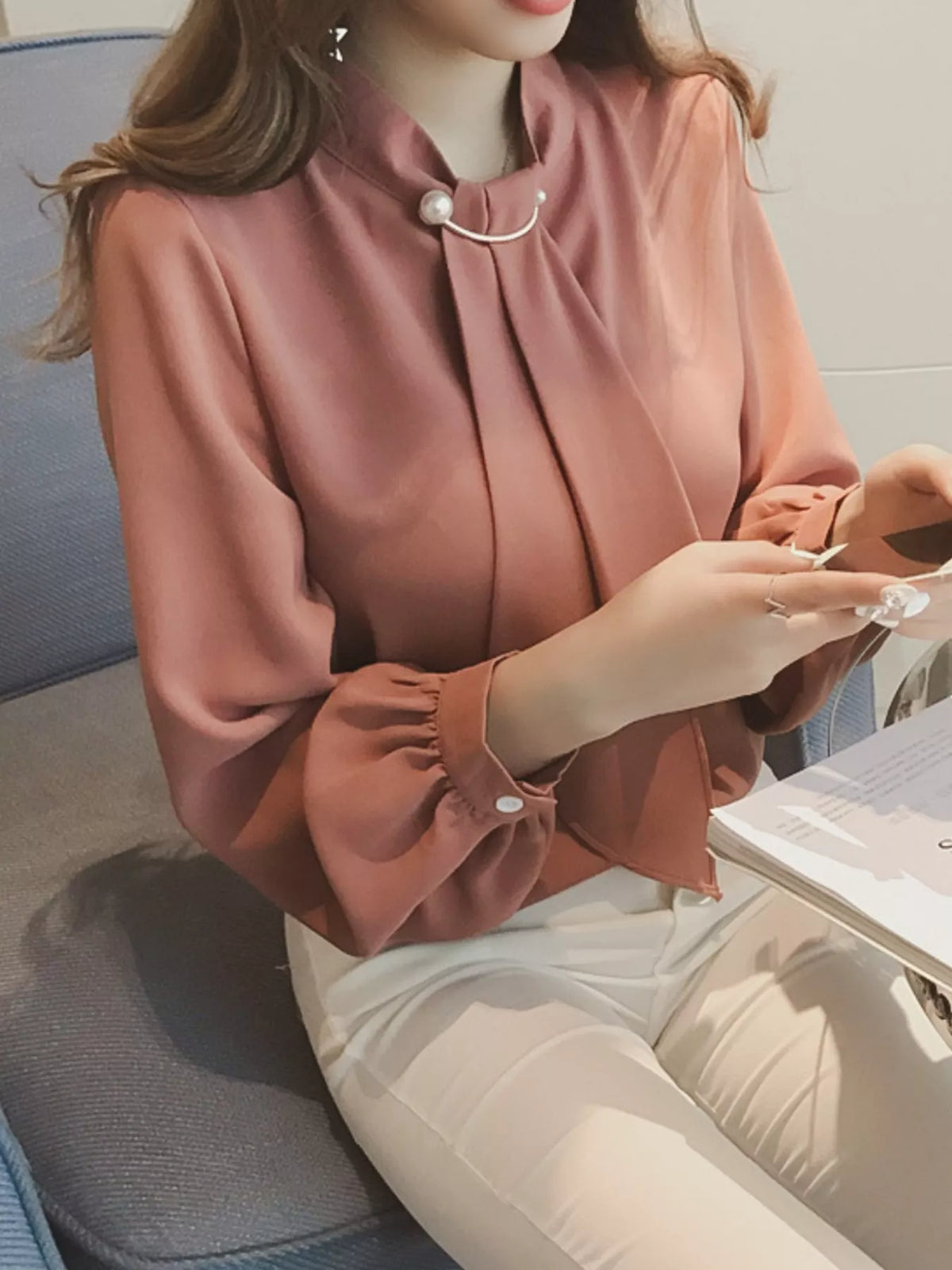 Mock Neck Blouse with Pearl Accent and Lantern Sleeves in pink